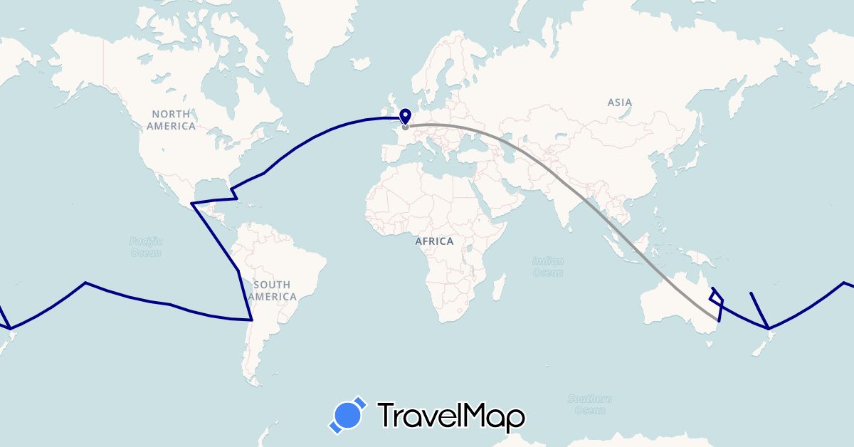 TravelMap itinerary: driving, plane in Australia, Bermuda, Chile, Cuba, France, United Kingdom, India, Mexico, New Caledonia, New Zealand, Peru, French Polynesia, United States (Asia, Europe, North America, Oceania, South America)